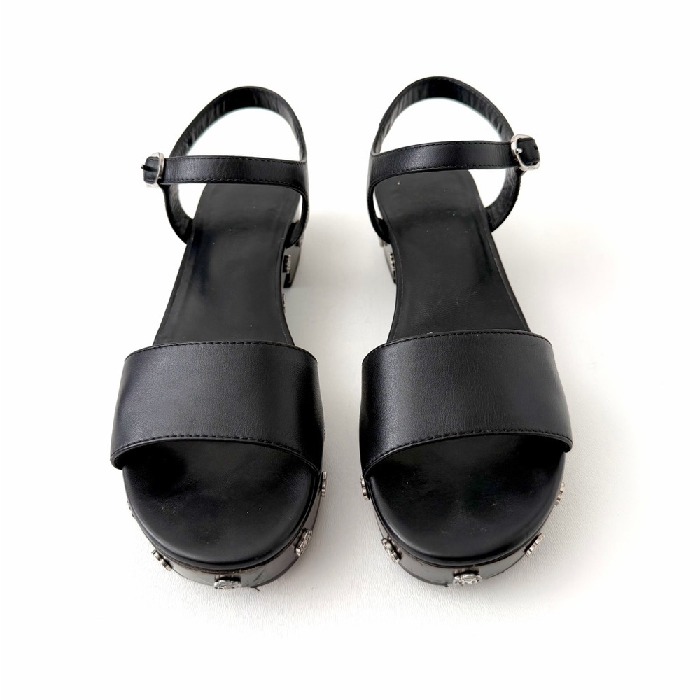 CHANEL | Camellia Logo Wood Platform Clog Sandals Black Calfskin Ankle Strap 39 - Picture 5 of 13